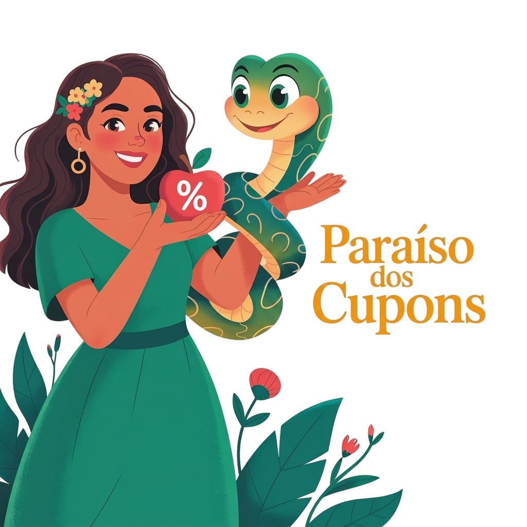 Mascote do Paraíso dos Cupons: Eva segurando uma maçã com símbolo de porcentagem ao lado de uma serpente verde sorridente